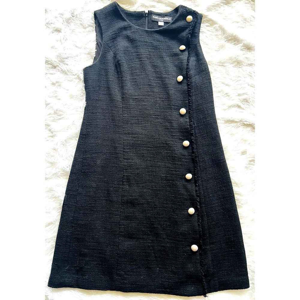 Karl Lagerfeld Paris Dress Women 10 Black Cotton Pearl 1960's Old Money